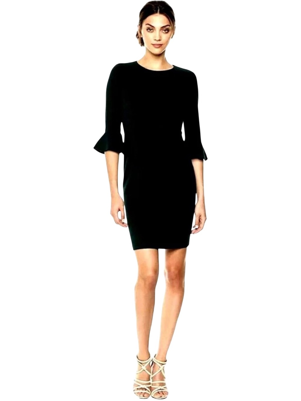Donna Morgan Sheath Dress Bell Sleeve Scoop Neck stretch crêpe Size 10 Black